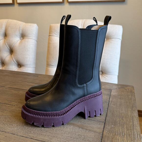 COACH Alexa Lug Sole Size 6.5 B Chelsea Boots Black Deep Berry Platform w/Box - Picture 1 of 16